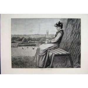  1878 Spring Woman Bench Chickens Country Scene Print
