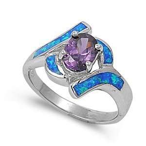 Sterling Silver Ring in Lab Opal   Purple CZ, Blue Opal   Ring Face 