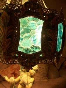 Antique Cherub Lamp Hollywood Regency Italian Stained Glass Aqua Blue 