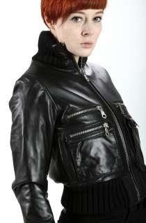 United Face Womens New Black Zippered Lambskin Leather Bomber Jacket 