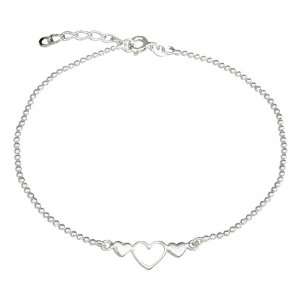  Sterling Silver 9 inch to 10 inch Adjustable Triple Hearts 