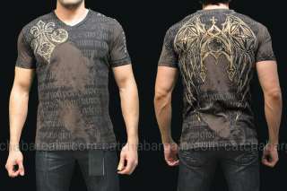 Affliction Tee T Shirt Dignity Ornate Wings Fleur T Shirt V Neck Brown 