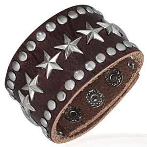  Brown Leather Star Round Stud Snap Wristband Unisex 