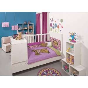    Baby Girls Flower Pink Candy Bear Crib Bedding Set 6 Pcs Baby