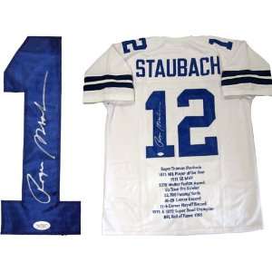  Roger Staubach Autographed Embroidered Stats White Dallas 