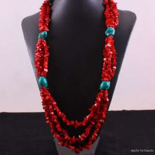 TURQUOISE NUGGET AND CORAL CHIP GEMSTONE BEADS FASHION NECKLACE  