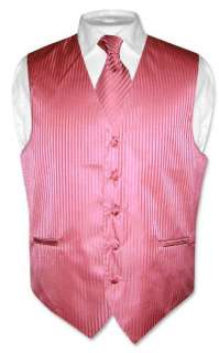 Mens Dress Vest & NeckTie Coral Pink Vertical Stripes Design Set for 