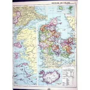   Antique Map 1920 Denmark Iceland Faroe Stockholm Baltic Finland