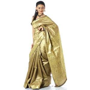  Beige Tanchoi Sari from Banaras with All Over Thread Weave 