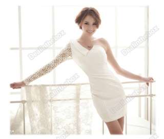 White Womens Asymmetric One Shoulder One See through Lace Sleeve Mini 