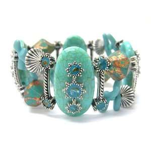  Turquoise Natural Stone and Patina Beads Stretch Bracelet 