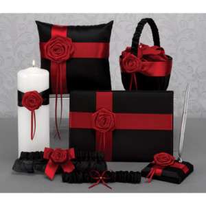 Black Red Rose Wedding Set Guest Book, Pillow, Basket;  