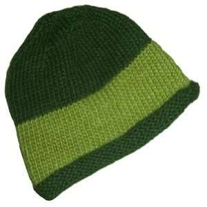   Green On Green Rolled Brim Hand Knit Beanie Wool Hat 