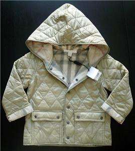 NWT Auth. Burberry Boy Green Quilted Check Trim Hooded Jacket Coat Sz 