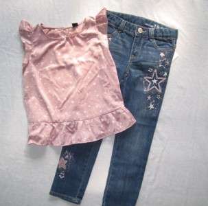   4T Modern Dance Star Embroidered Skinny Jeans Silky Ruffle Top  