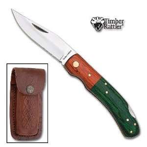  Timber Rattler Green Hardwood Folding Knife w/ Leather 