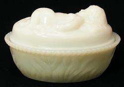 Moses in the Bulrushes covered dish milk glass unknown maker EAPG era 