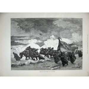    1889 Burton Fine Art Horses Launching Life Boat Sea