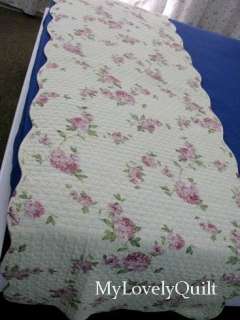 Soft Pink Roses Creamy Beige Quilted Cotton Bed Runner 67x217cm  