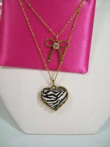 BETSEY JOHNSON NECKLACE HEART WITH ZEBRA STRIPES & BOW GOLD TONE NWT 