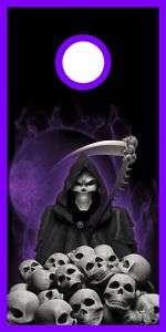 Purpl Flame Grim Reaper Skulls Cornhole game decal wrap  