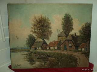 ANTIQUE Original oil THATCHED Cottages Lake Landscape  