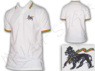 Rasta Reggae POLO Tee shirt Lion Of Judah Embroided White UK  