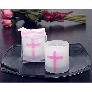   Round Pink Glitter Cross Candle   Wedding Party Favors