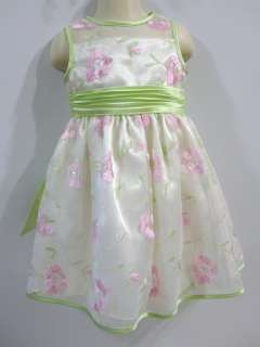  Jean Size 2T Pink Floral Flower Dress with Soft Green Leaves & Sash