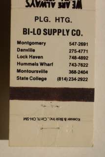 1980s? Matchbook Bi Lo Supply Hummels Wharf Danville PA  