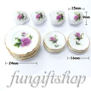   Miniature 15 pcs Rose Porcelain Plate Cup Tea Set 1701G  
