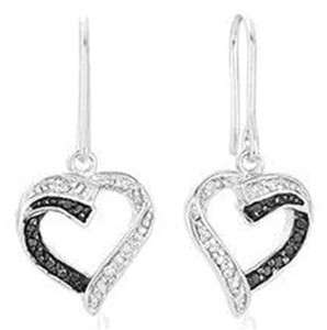 Genuine Black & White Diamond Heart Earrings in Solid Sterling Silver 