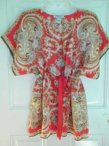 CAbi Red Black & Gold Print SILK Kimono Style Tie Front Top Blouse 