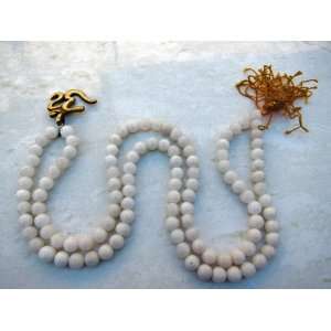 White Agate Meditation Mala 108 Prayer Beads on String with Om Pendant 