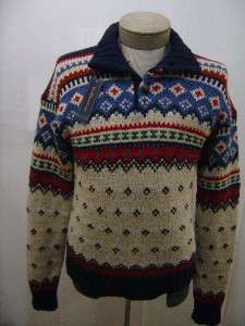   Sweater M Button Silk Wool Linen FairIsle Mens Navy Blue White  