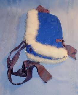 Antique Blue Wool DOLL Bonnet HAT w/ eiderdown feathers  