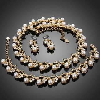   Pearl Necklace Bracelet Earring Jewelry Set Swarovski Crystal  