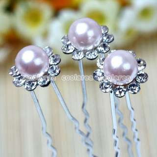10p Crystal Pink Simulate Pearl Wedding Bridal Hairpins  