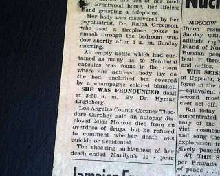 MARILYN MONROE Suicide Death 1st Report 1962 Newspaper  