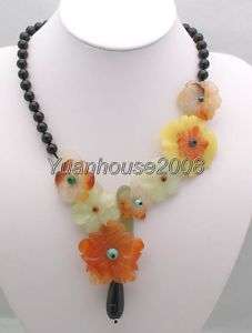 20＂Black Agate & Agate Flower RUYI Necklace  