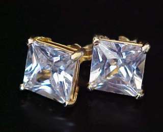 carats 9mm Princess Radiant cut CZ Solitaire Gold over Sterling STUD 
