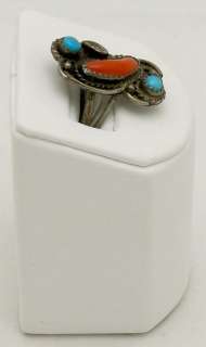 VINTAGE NAVAJO STER SILVER CORAL TURQUOISE RING~SIZE 7  