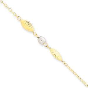  9 Inch 14k Gold Two tone Puffed Rice & Mirror Ball Anklet 