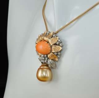 SPECTACULAR GOLD SOUTH PEARL CORAL DIAMOND BIG FLOWER NECKLACE   FREE 