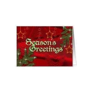 Seasons Greetings Evergreen Sprigs and Stars on Red background Card