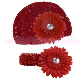 Baby Girl Crochet Beanie Hat Headband Daisy Flower Clip  