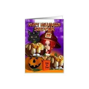  Sister Halloween witch cat pumpkin jack o lantern Card 
