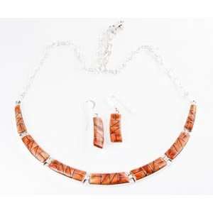  Navajo Silver Orange Spiny Oyster Inlay Necklace Earring 