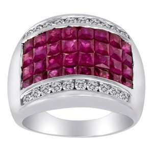  14k White Gold Ring Invisible Set Rubies with Diamonds 
