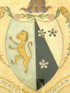 ANTIQUE COAT OF ARMS CREST HAND PAINTED WITH LION RAMPART FOR MEREDITH 